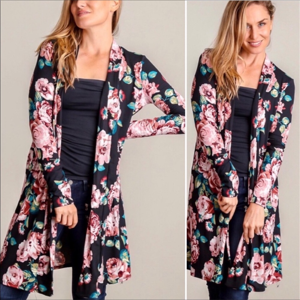 Open Cardigan BLACK & BLUSH FLORAL LONG S,M,XL🌸